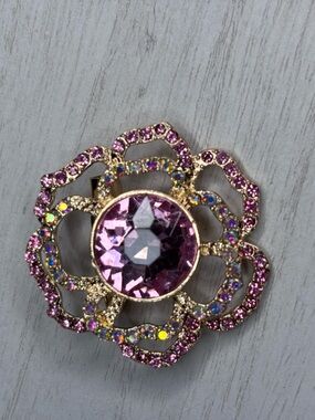 Pink Crystal Flower Brooch - Gold-Tone Rhinestone Pin